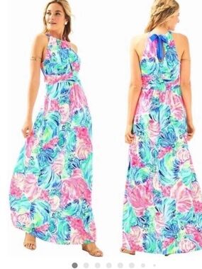 NWT Lilly Pulitzer large Martina Halter Maxi Dress Beach Please halter Neckline